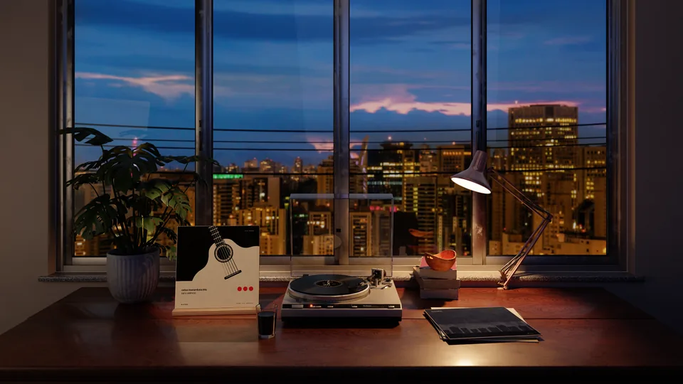 Vitrola, wide framing, night