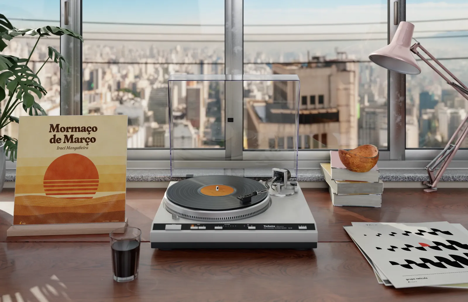 A Technics SL-Q3 playing a record on a wooden desk by a window over São Paulo